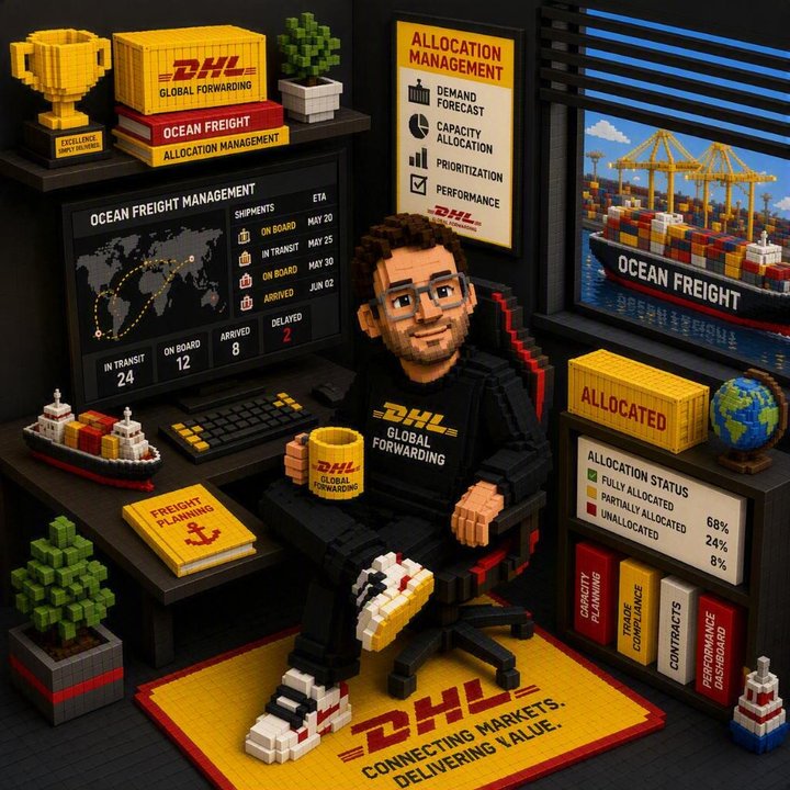 Pixel-art portrait of Jörn Hoppe at his ocean freight allocation management desk, DHL Global Forwarding